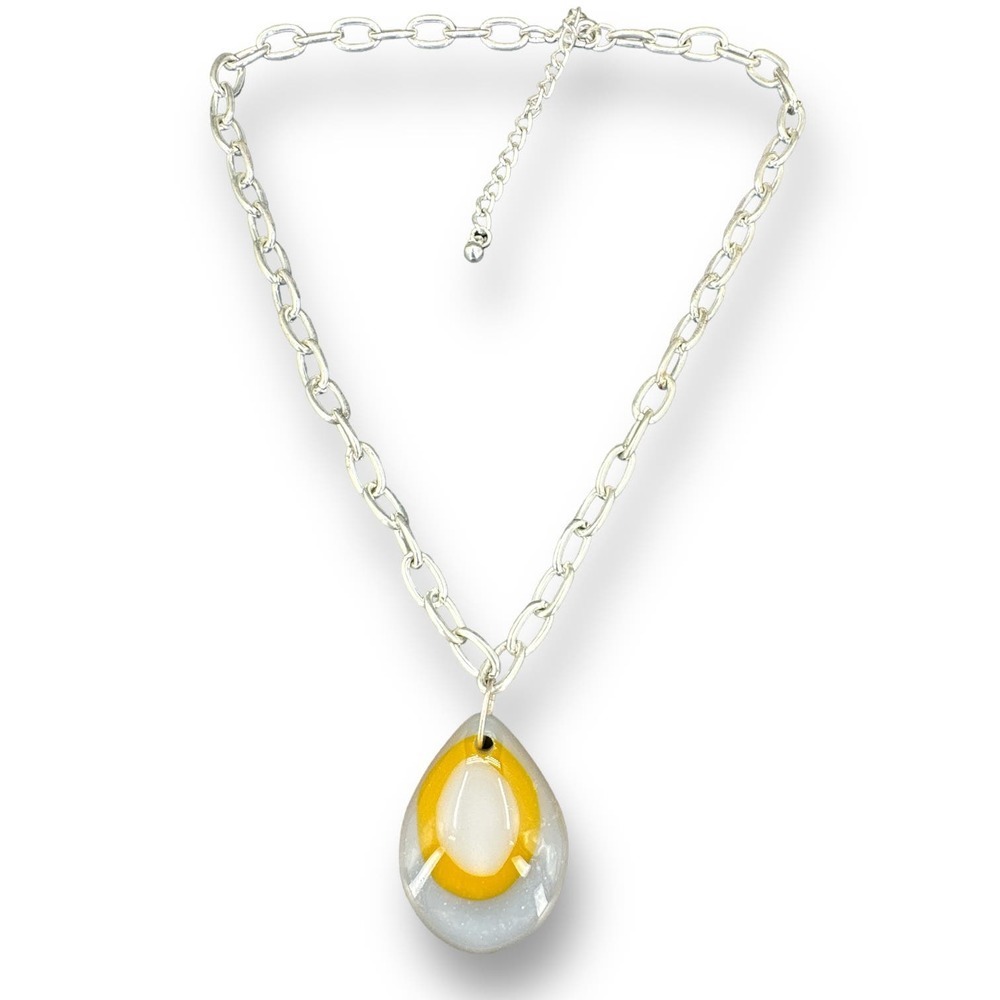 Glass Teardrop Yellow White Pendant Chain Link Silver Plated Necklace